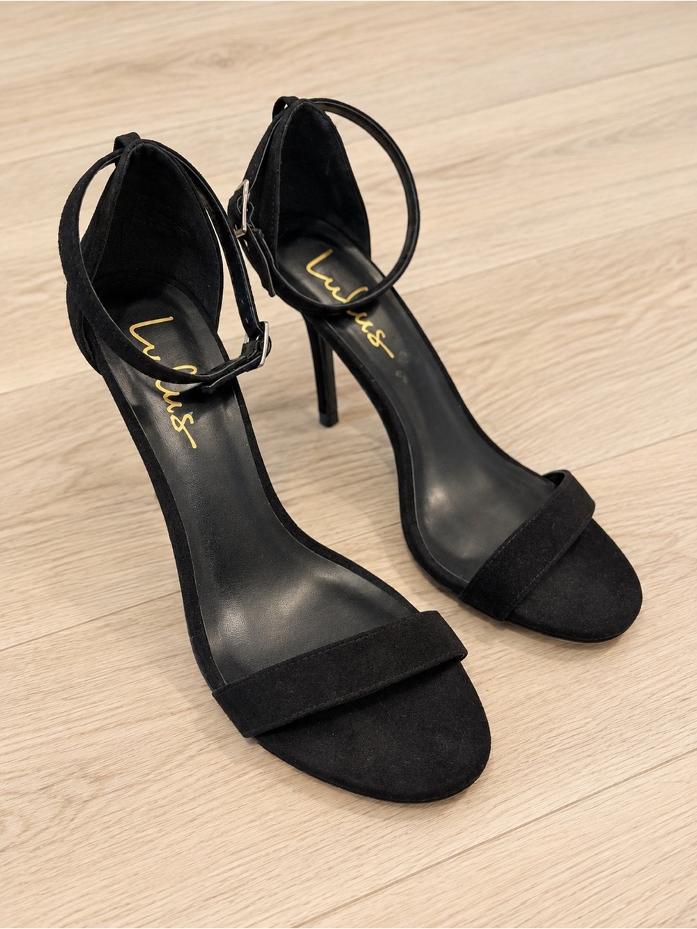 Lulu's Black Suede Ankle-Strap Stiletto Heels